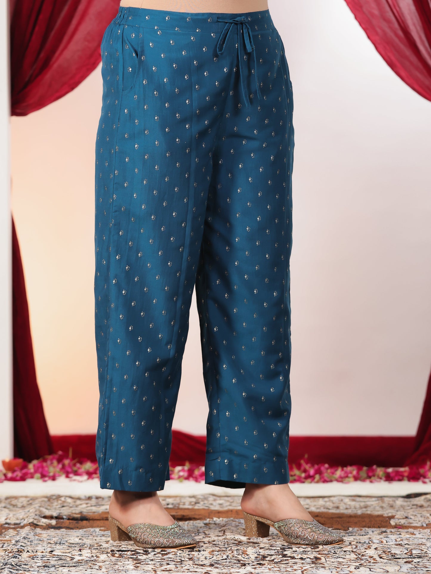 Chanderi Gold foil Teal Straight Trousers