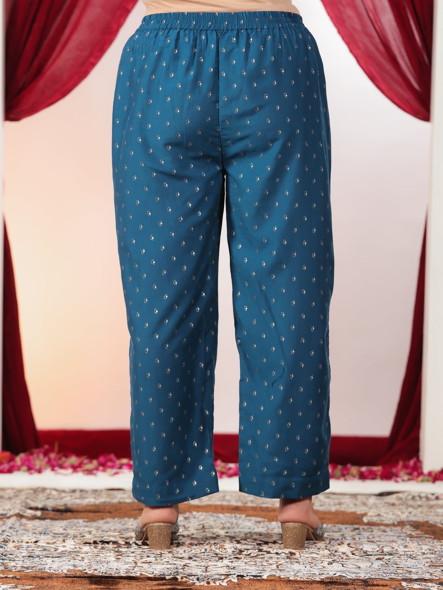 Chanderi Gold foil Teal Straight Trousers