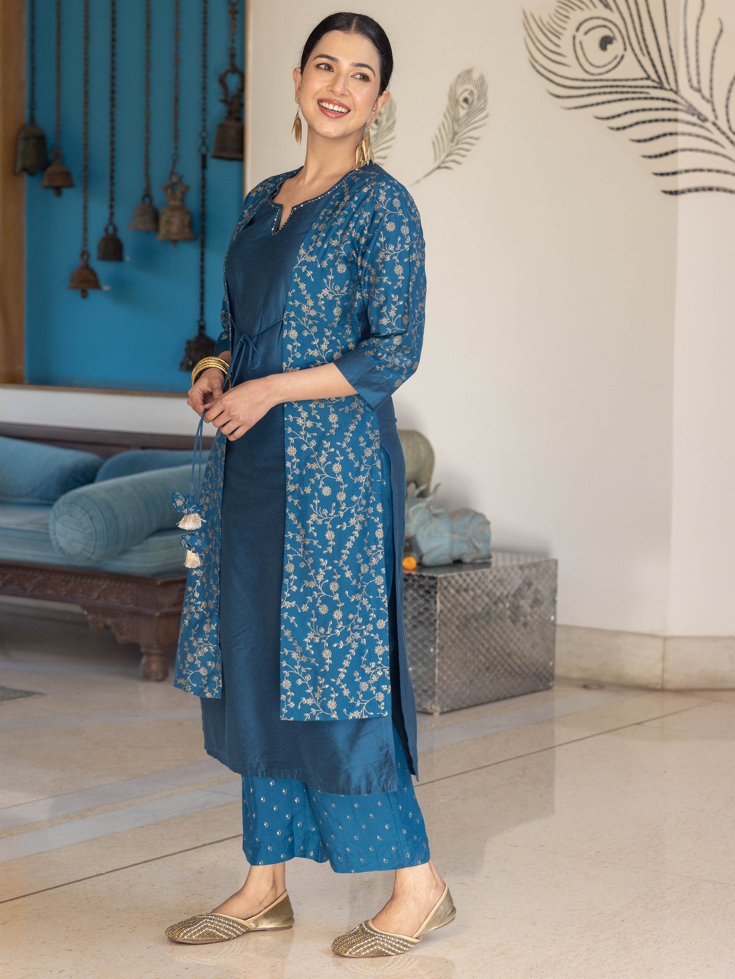 Chanderi Gold foil Straight Teal Kurta