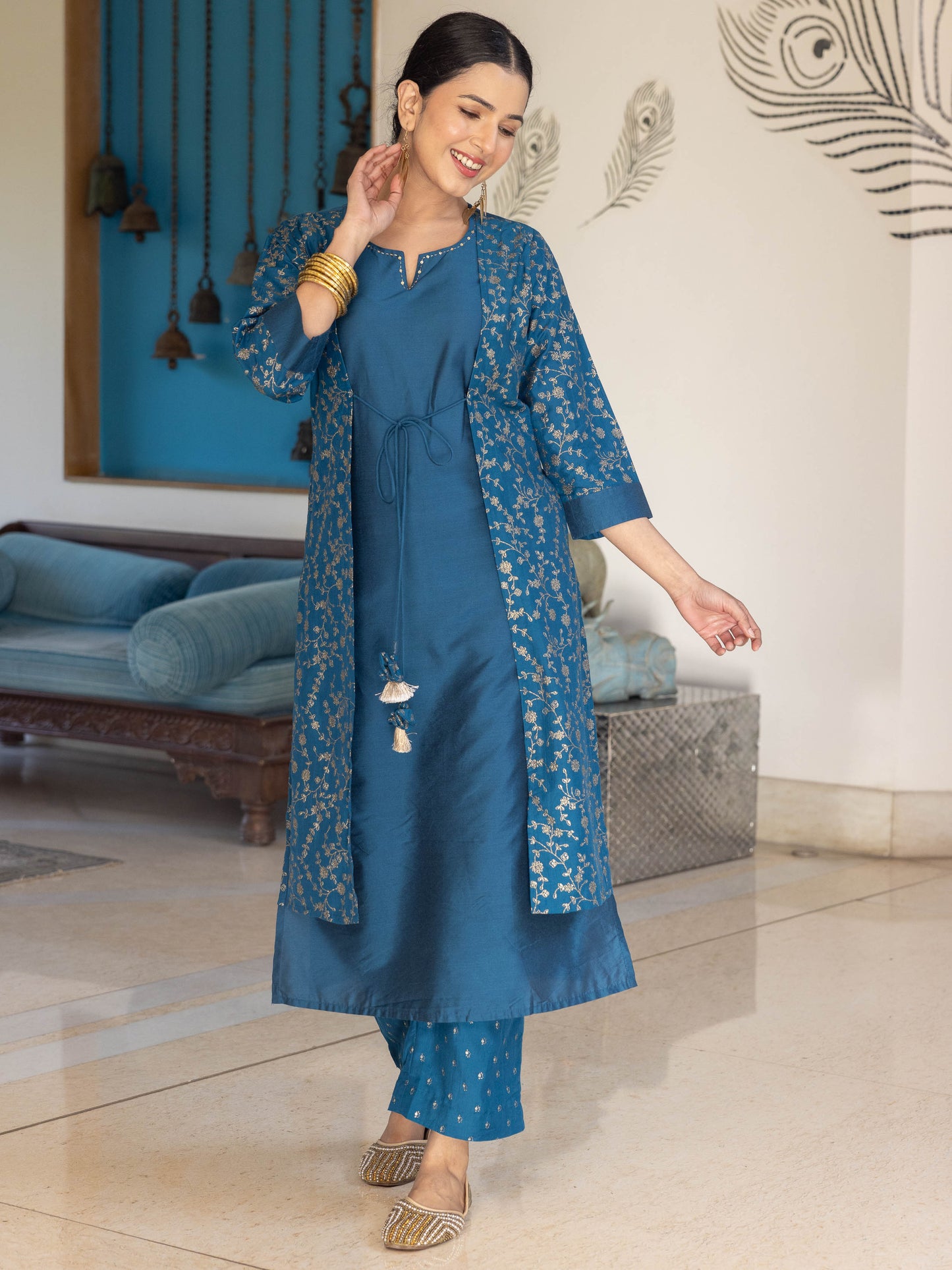 Chanderi Gold foil Straight Teal Kurta