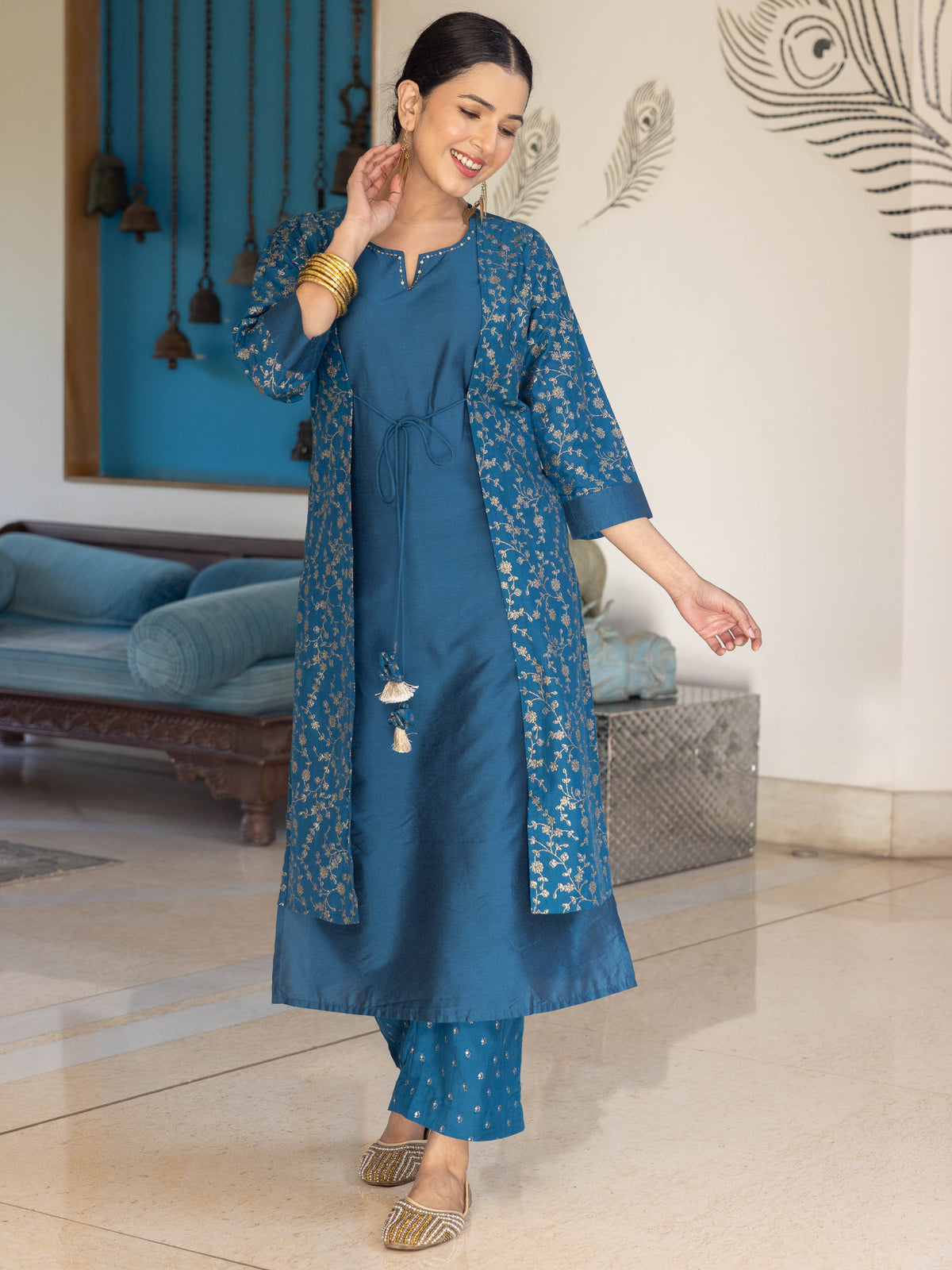 Chanderi Gold foil Straight Teal Kurta