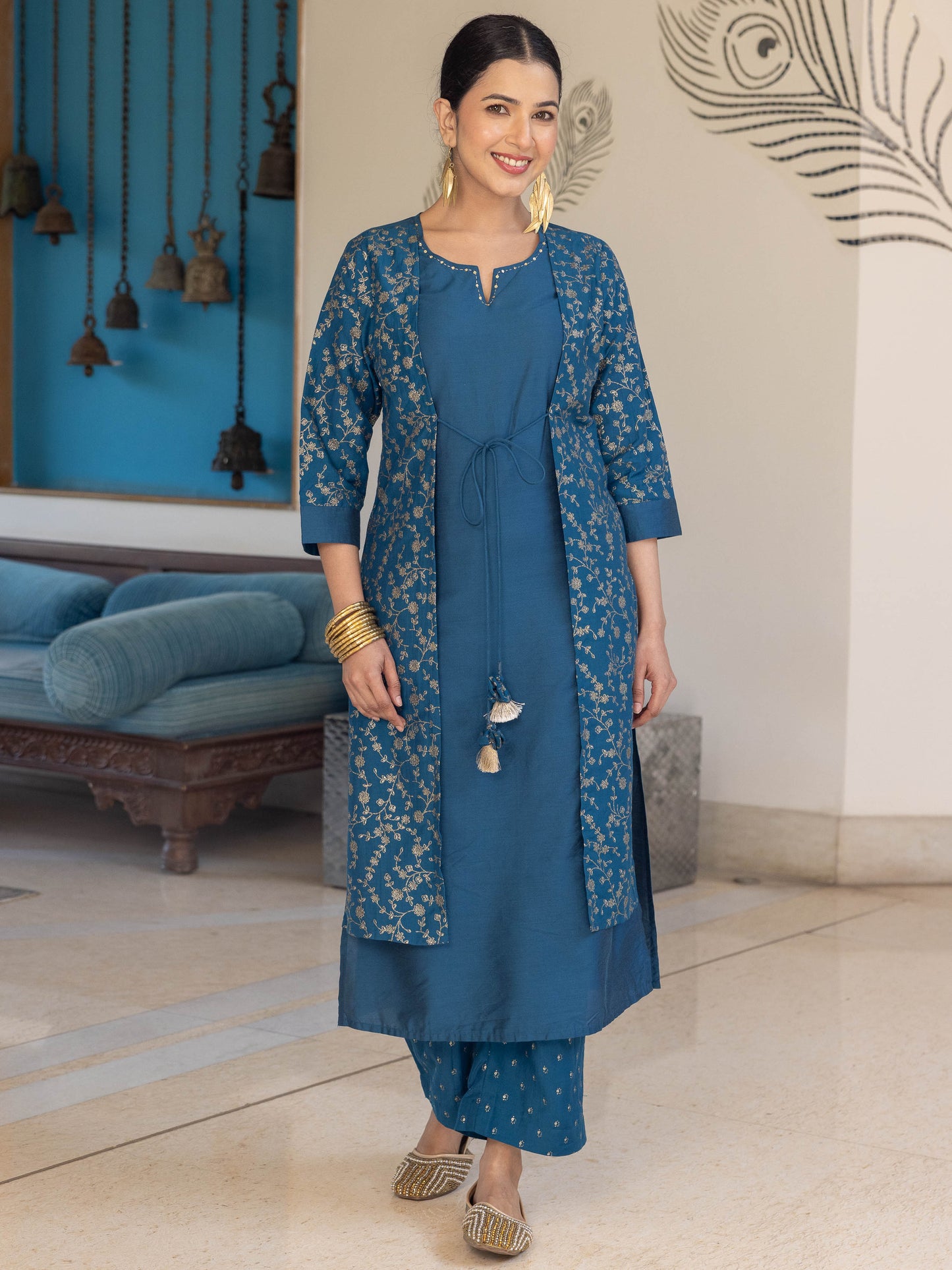 Chanderi Gold foil Straight Teal Kurta