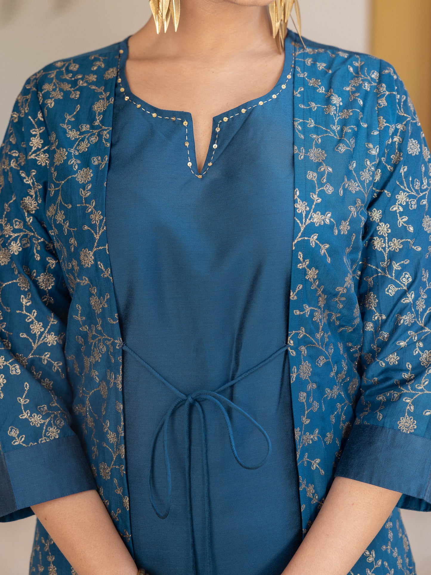 Chanderi Gold foil Straight Teal Kurta