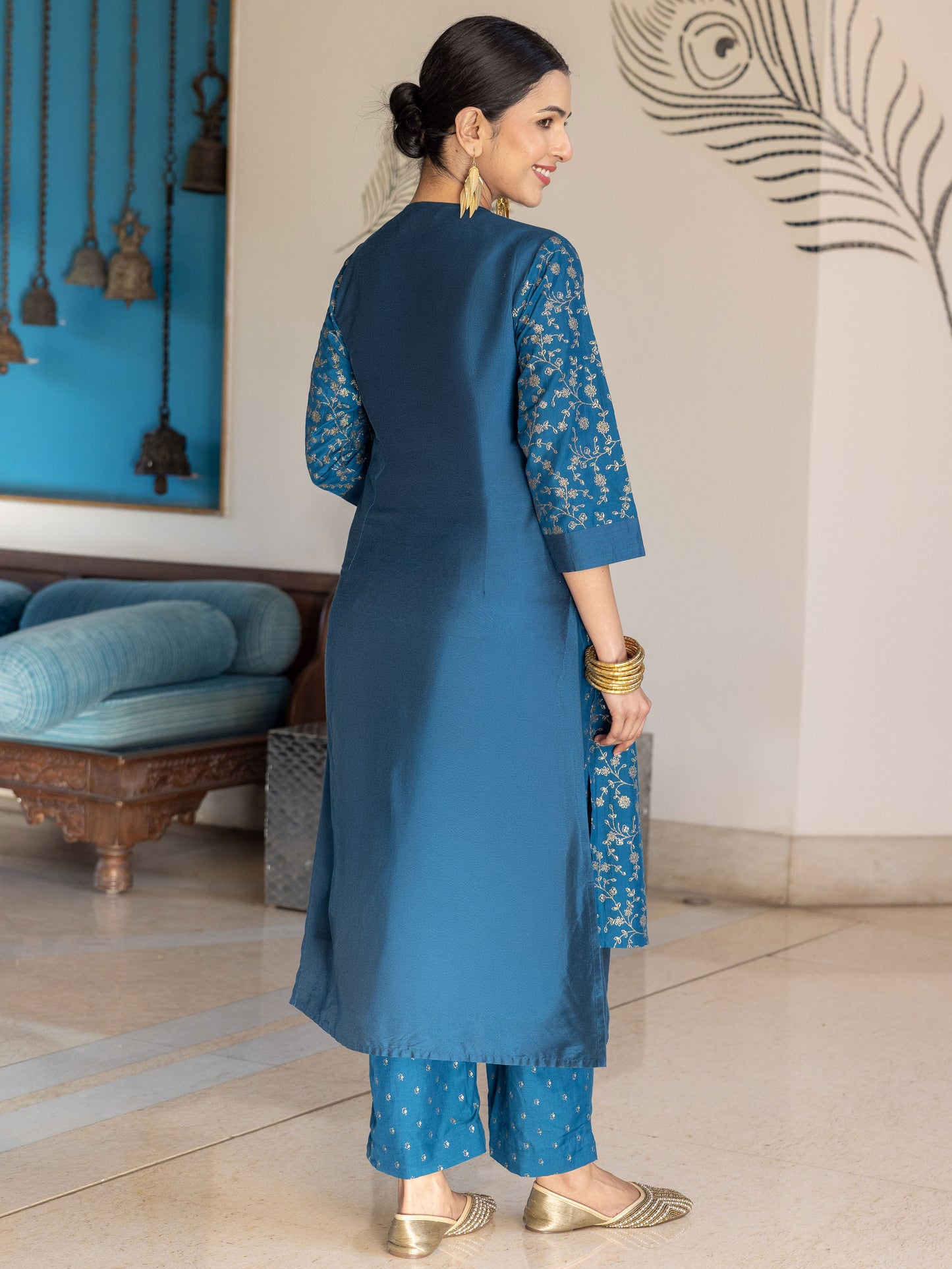 Chanderi Gold foil Straight Teal Kurta