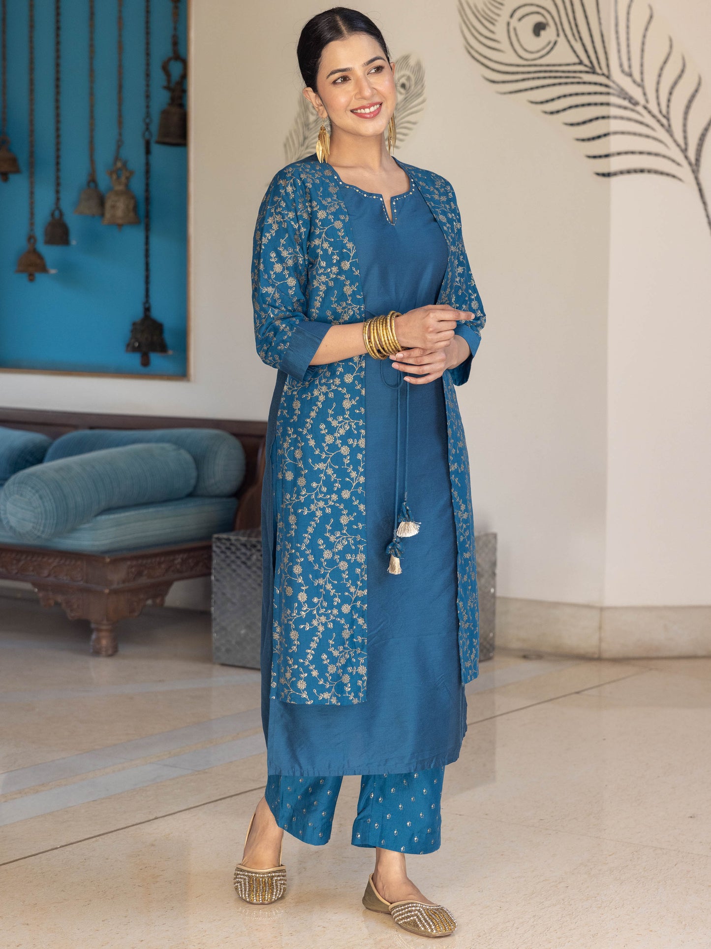 Chanderi Gold foil Straight Teal Kurta