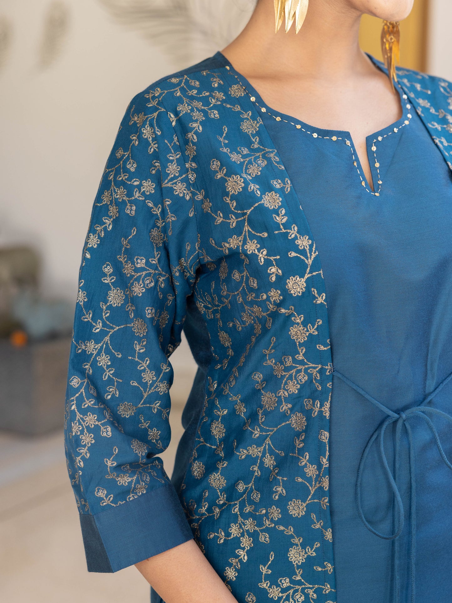 Chanderi Gold foil Straight Teal Kurta