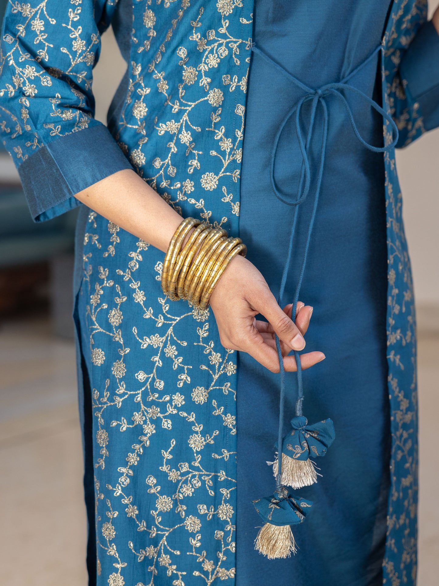 Chanderi Gold foil Straight Teal Kurta