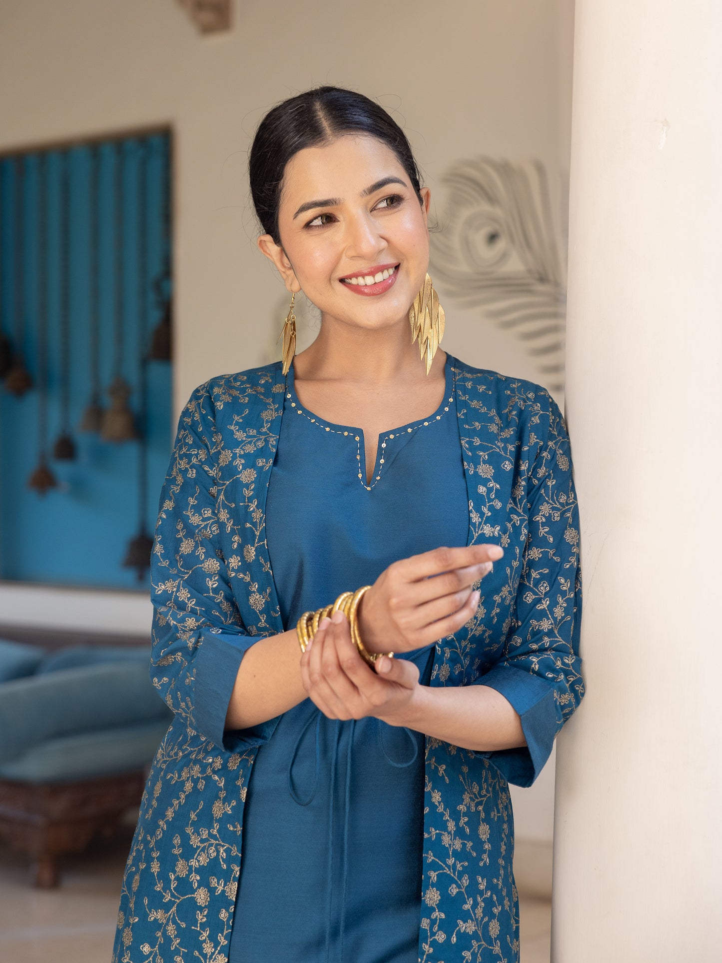 Chanderi Gold foil Straight Teal Kurta