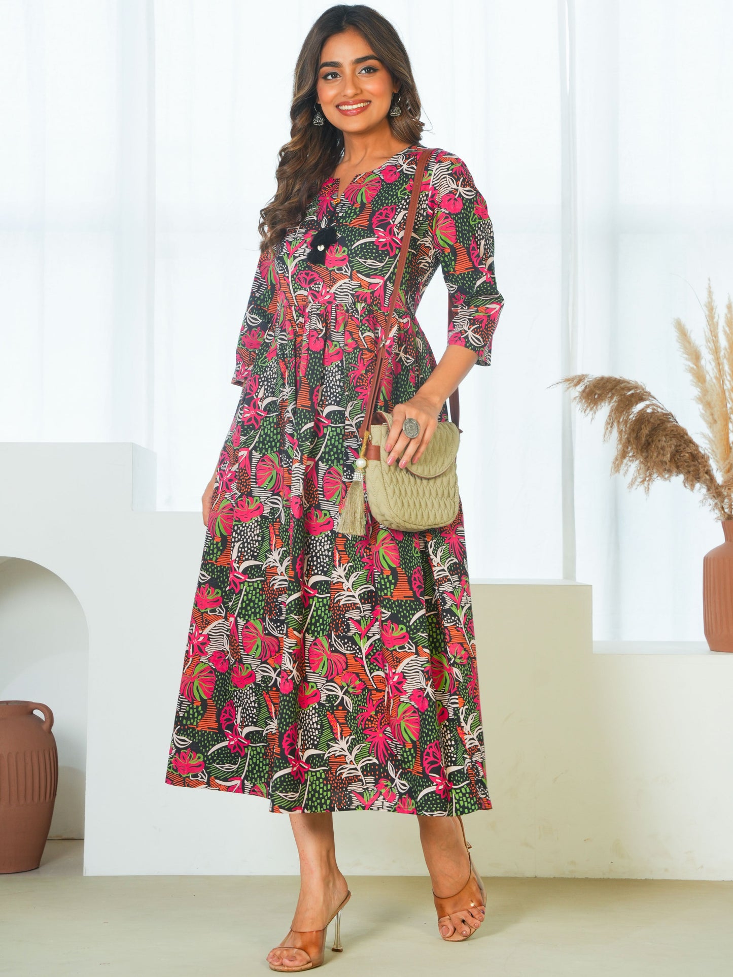 Soft Cotton Foliage Anarkali Black Dress