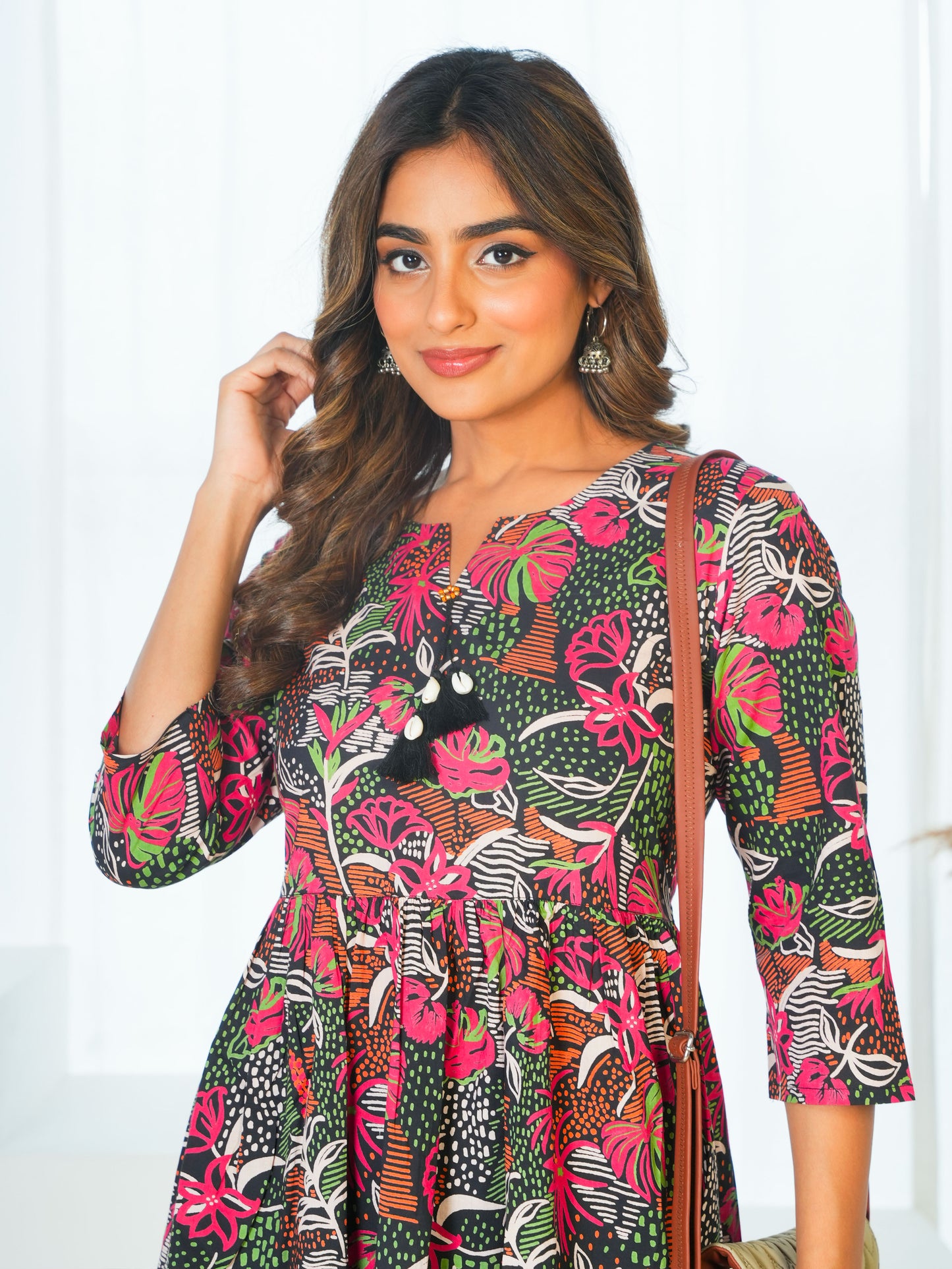 Soft Cotton Foliage Anarkali Black Dress