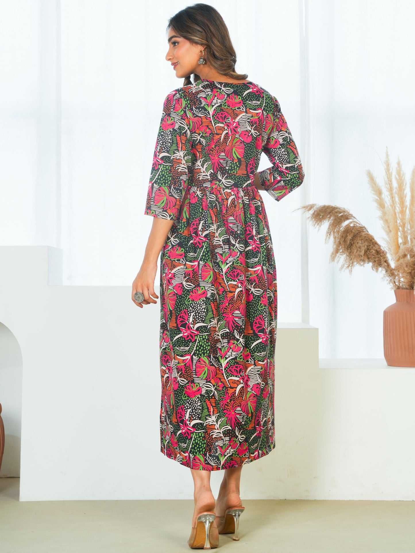 Soft Cotton Foliage Anarkali Black Dress