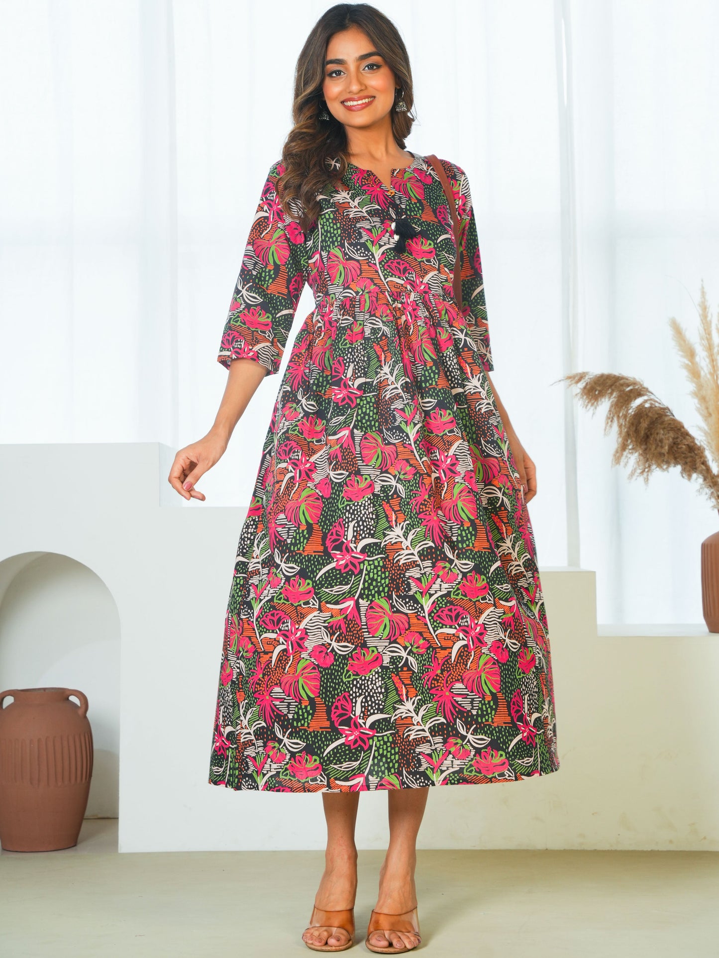 Soft Cotton Foliage Anarkali Black Dress