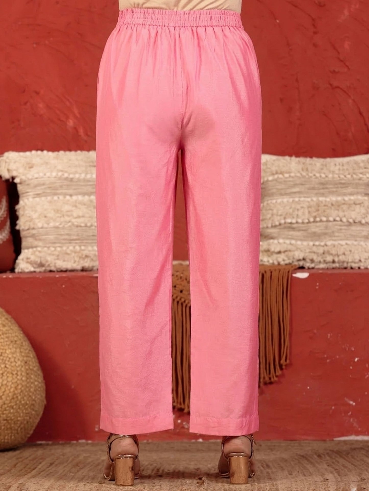Chanderi Gold foil Peach Straight Trousers