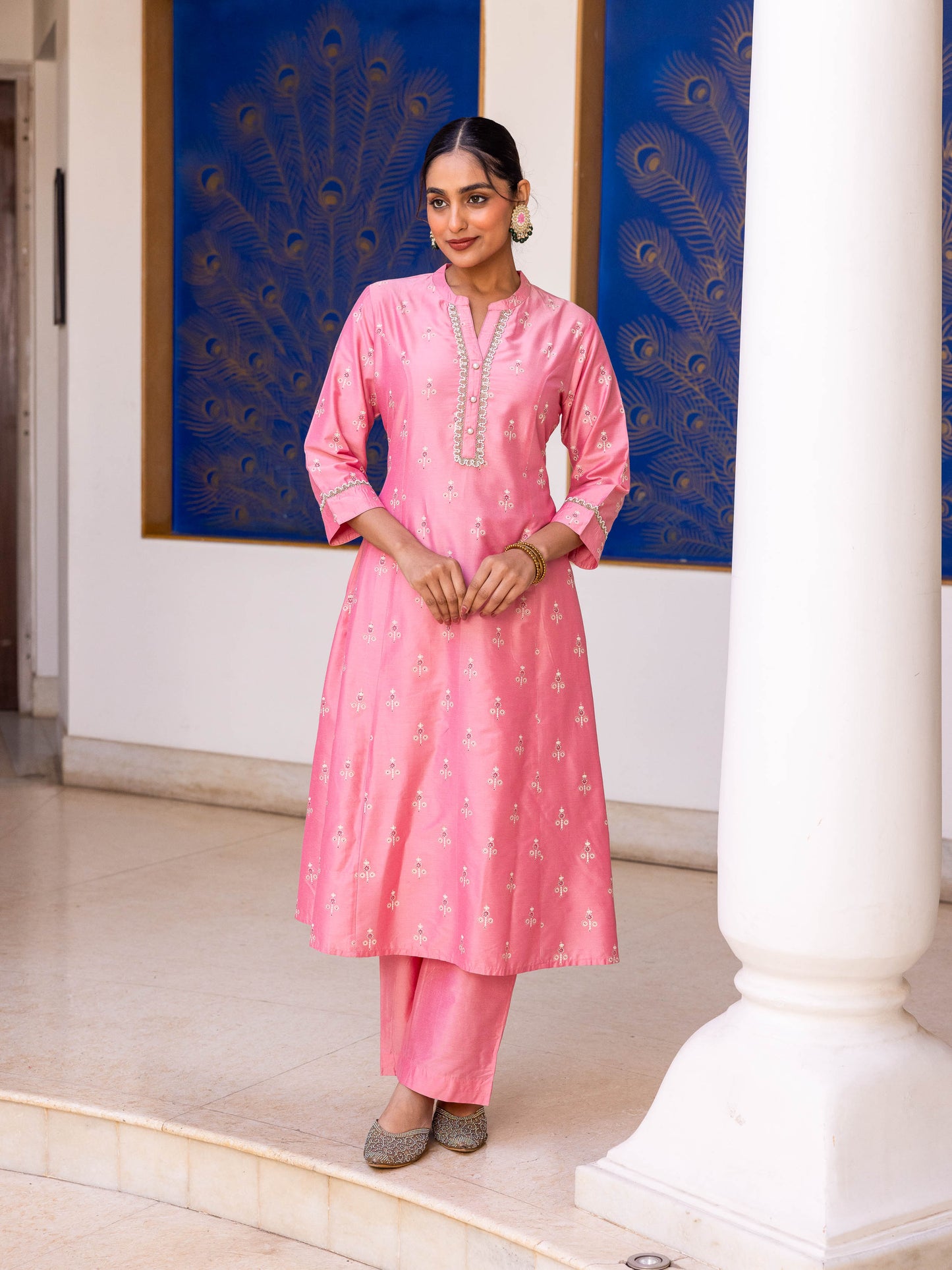 Chanderi Gold foil Flared Peach Kurta