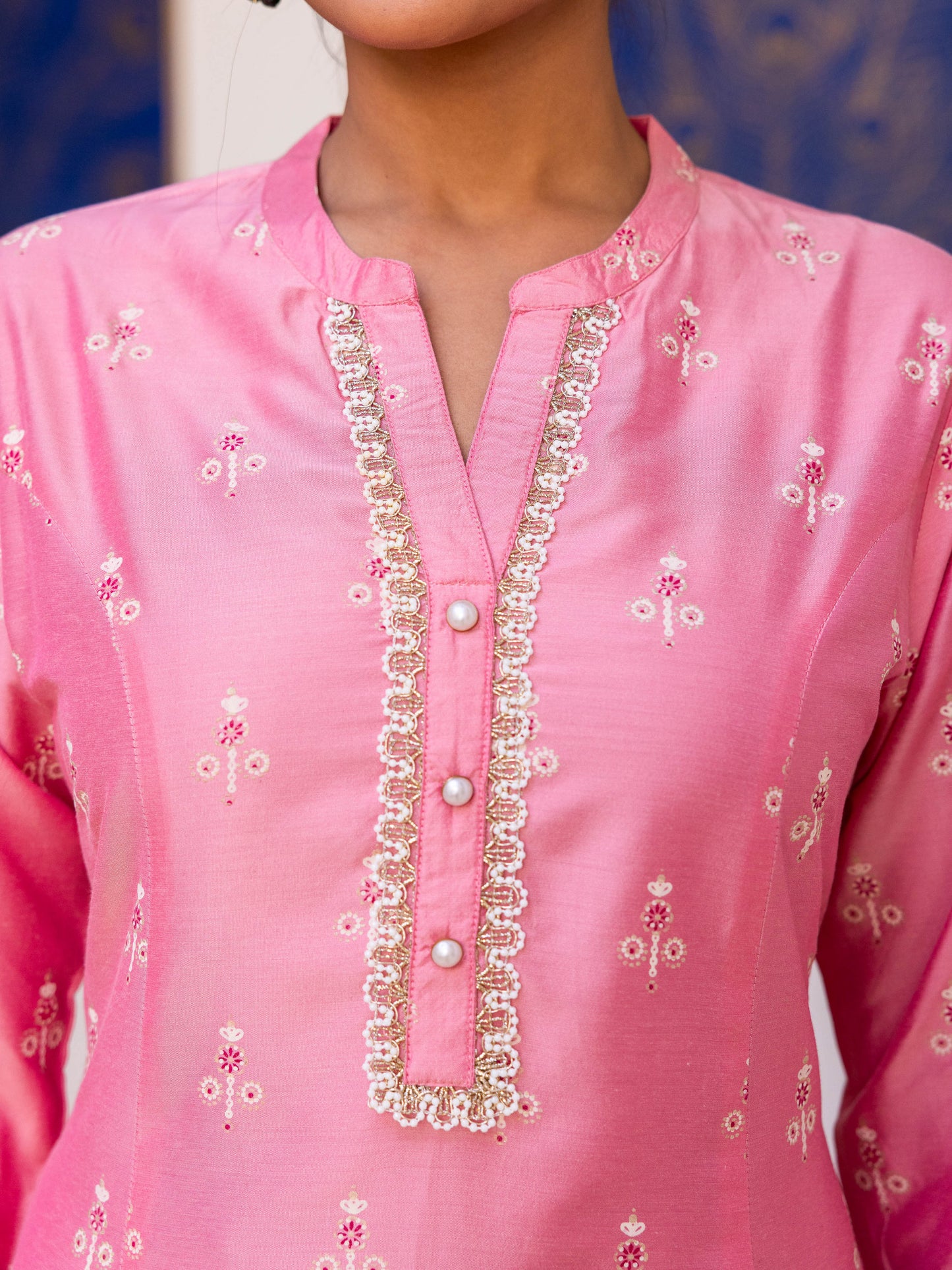 Chanderi Gold foil Flared Peach Kurta
