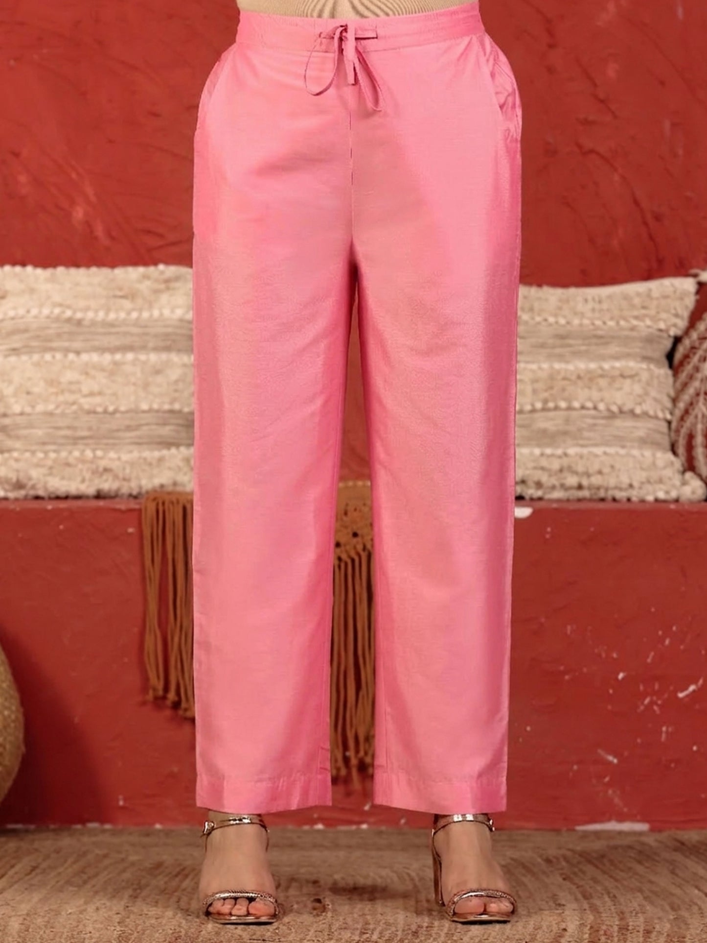 Chanderi Gold foil Peach Straight Trousers