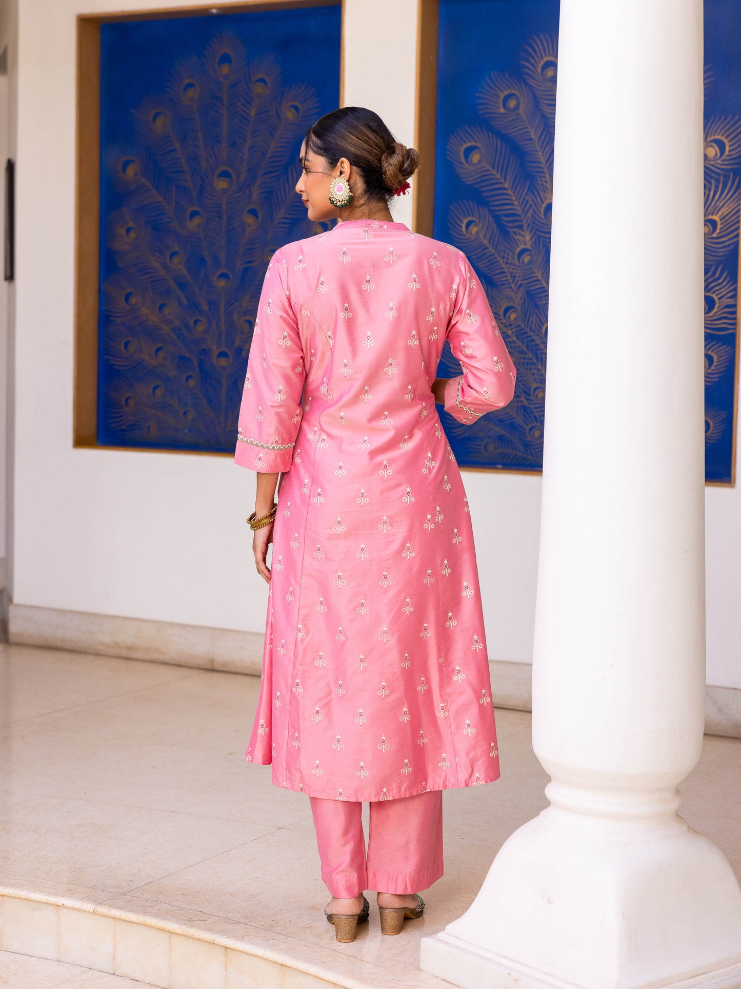 Chanderi Gold foil Flared Peach Kurta