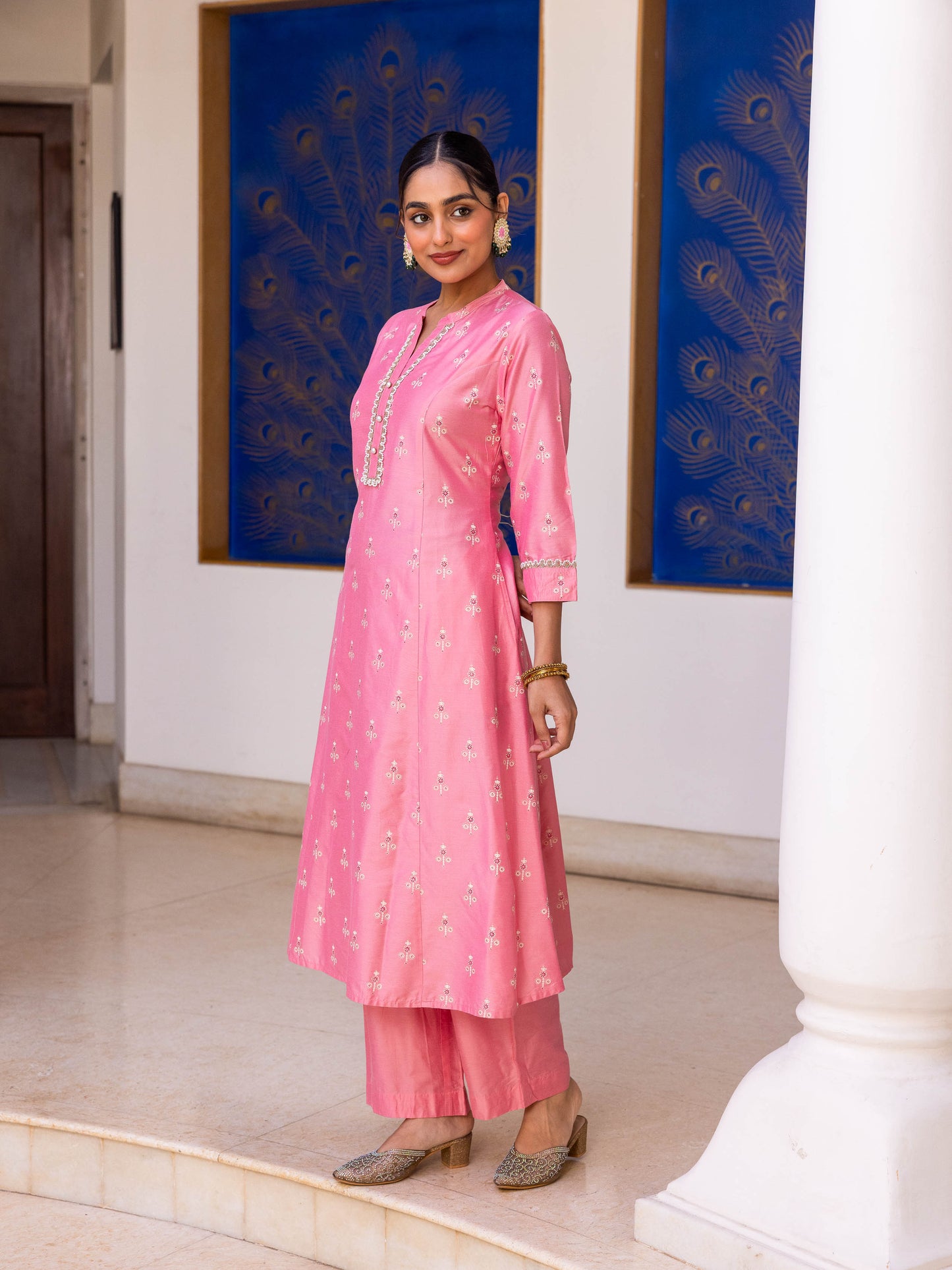 Chanderi Gold foil Flared Peach Kurta