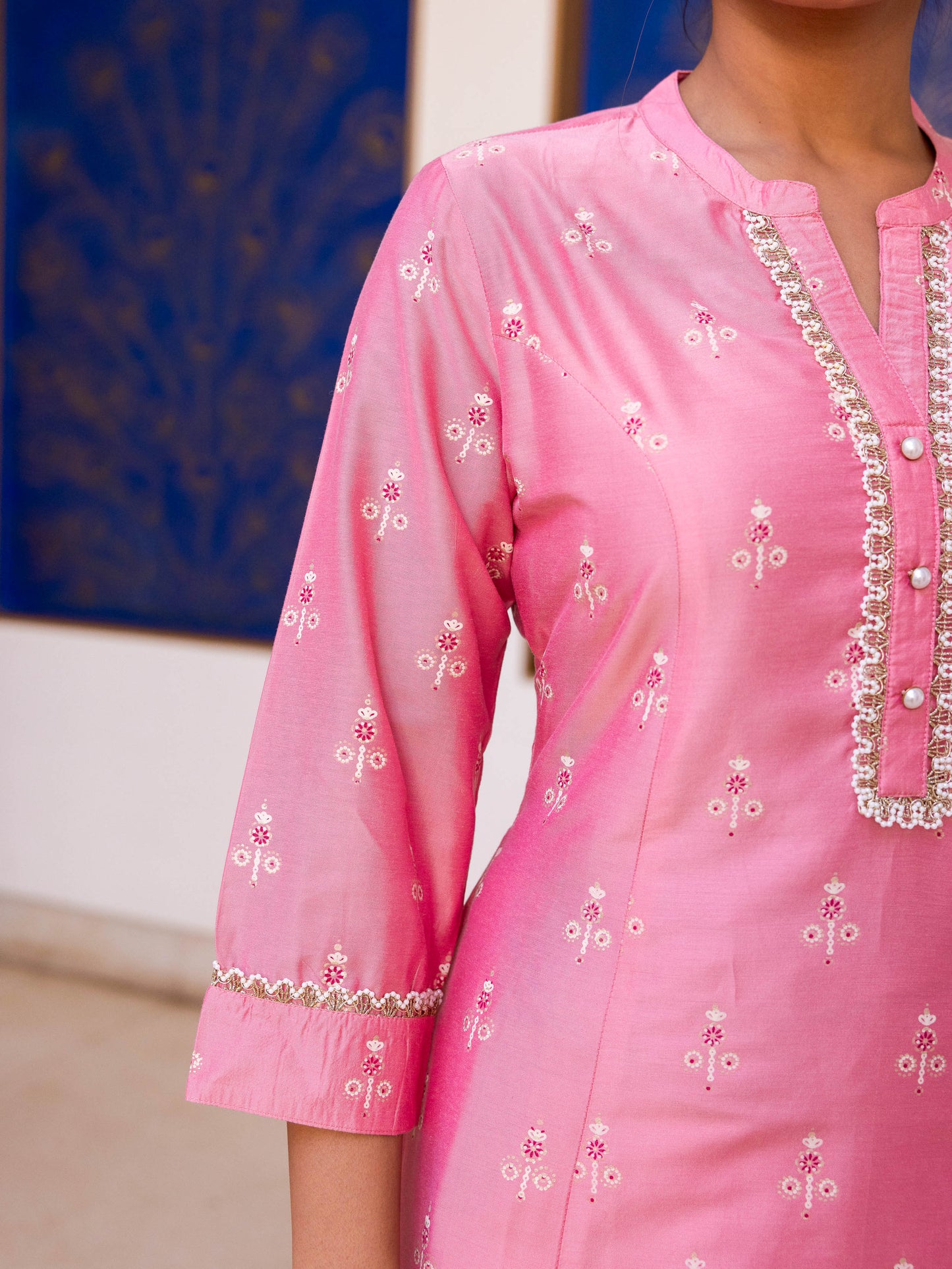 Chanderi Gold foil Flared Peach Kurta