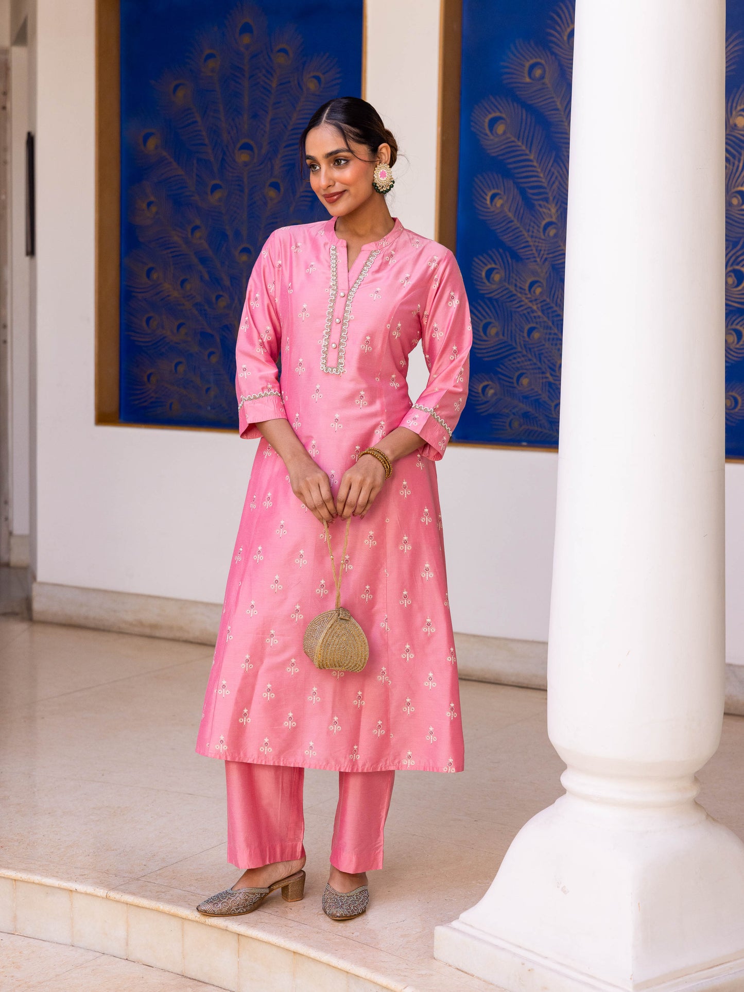 Chanderi Gold foil Flared Peach Kurta