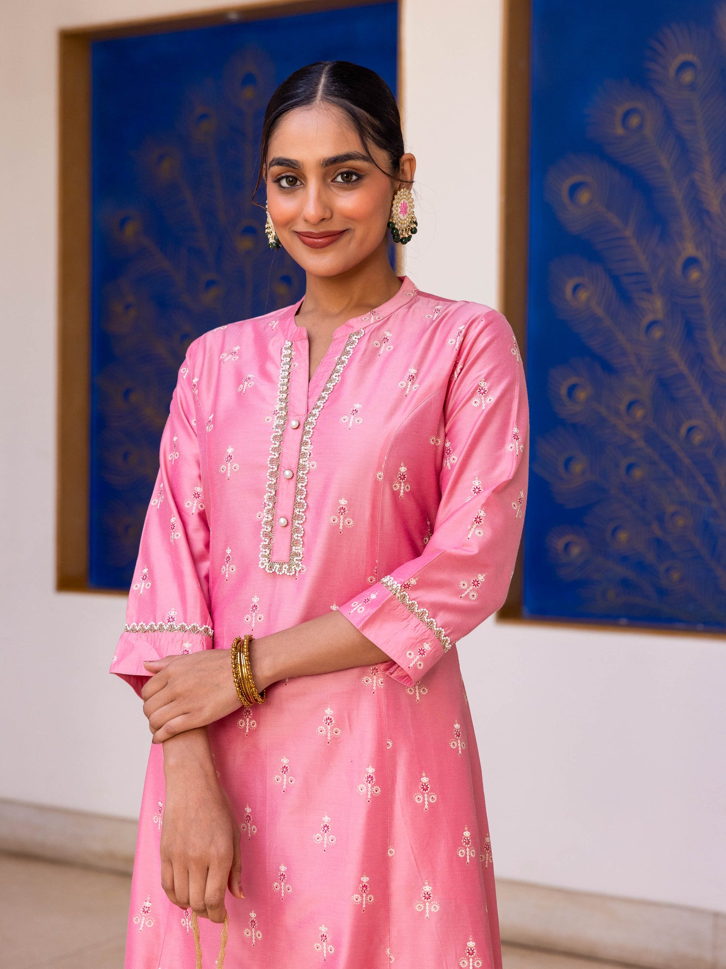 Chanderi Gold foil Flared Peach Kurta