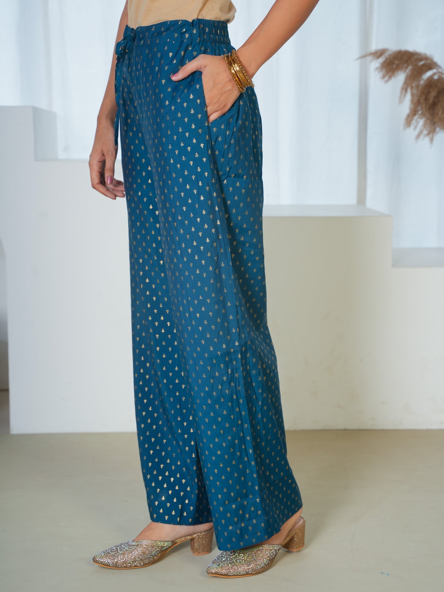 Blended Silk Gold foil Navy Blue Palazzo