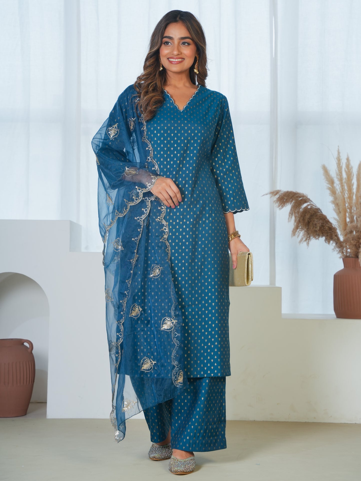 Embroidered Organza Solid Navy Blue Dupatta