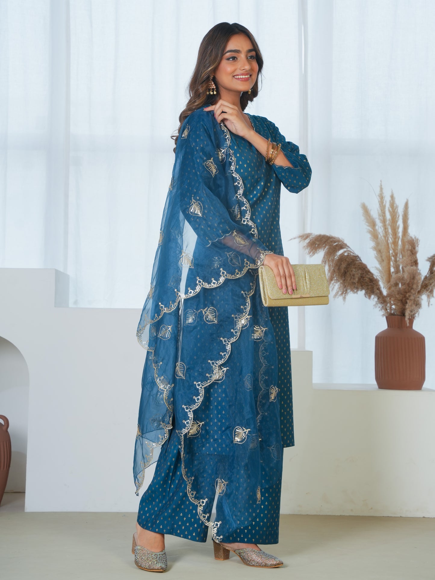 Embroidered Organza Solid Navy Blue Dupatta