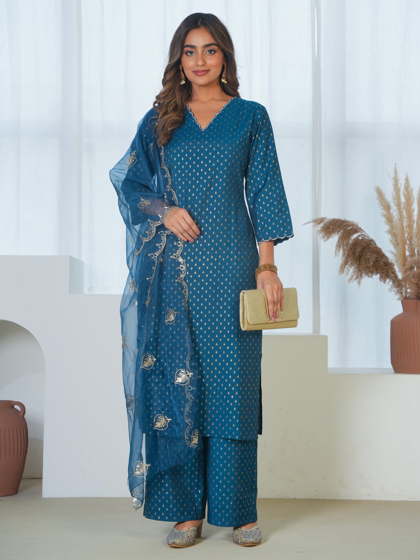 Embroidered Organza Solid Navy Blue Dupatta