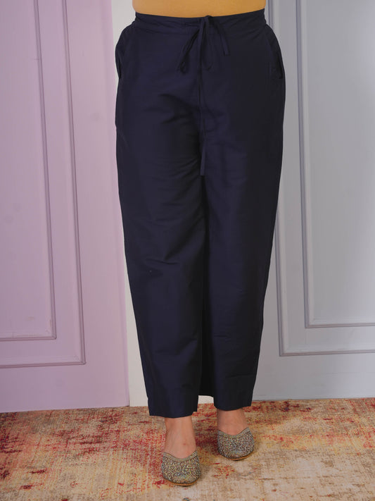 Chanderi Solid Blue Straight Trousers