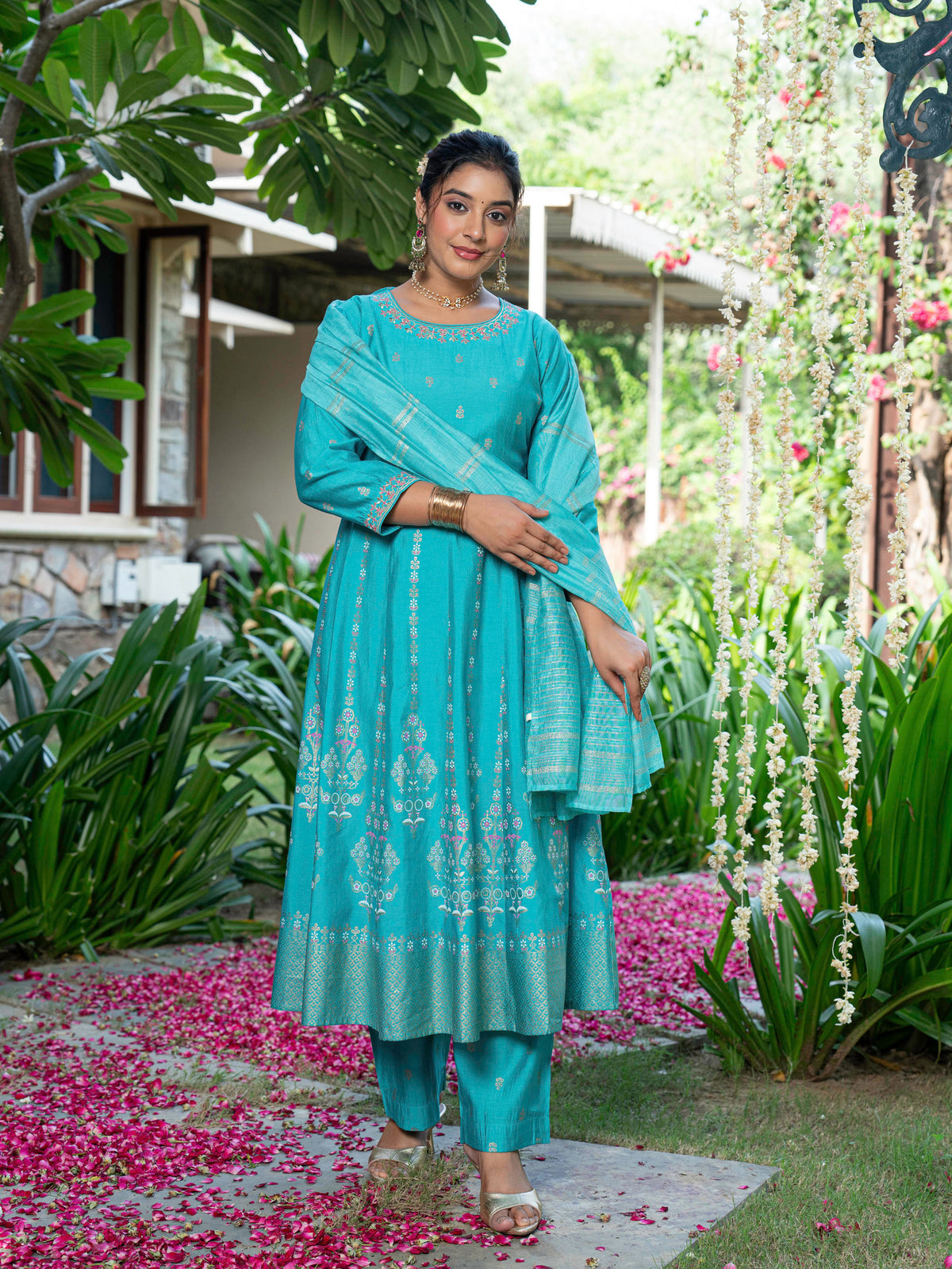 Embroidered Chanderi Gold Foil Anarkali Turquoise Kurta