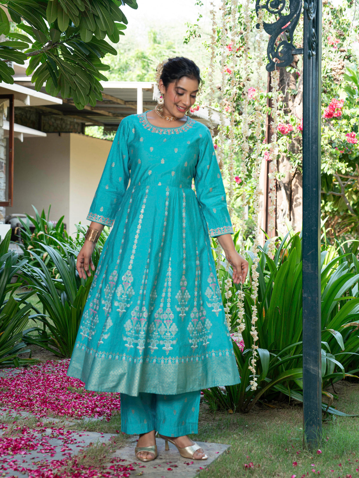 Embroidered Chanderi Gold Foil Anarkali Turquoise Kurta