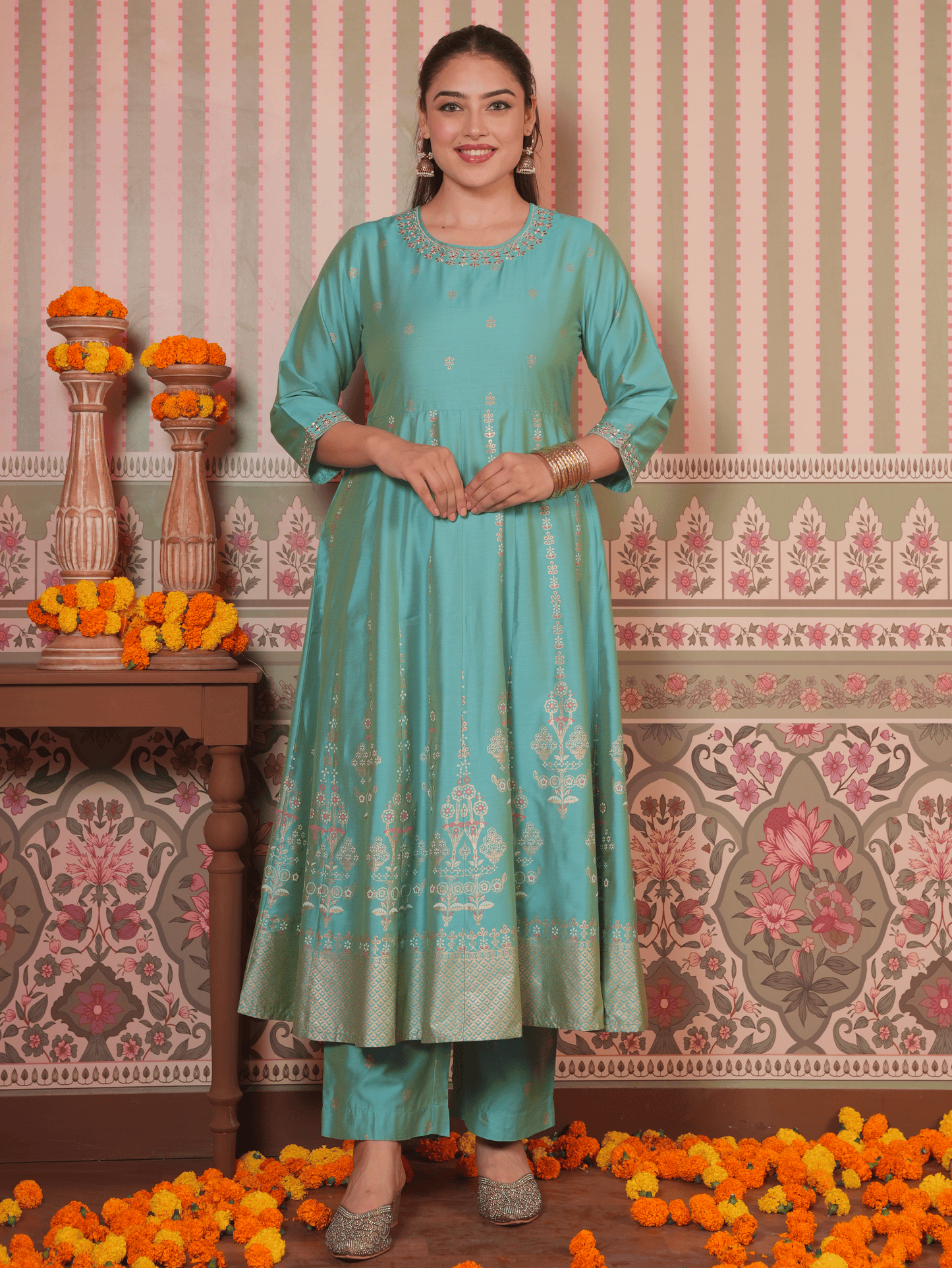 Embroidered Chanderi Gold Foil Anarkali Turquoise Kurta