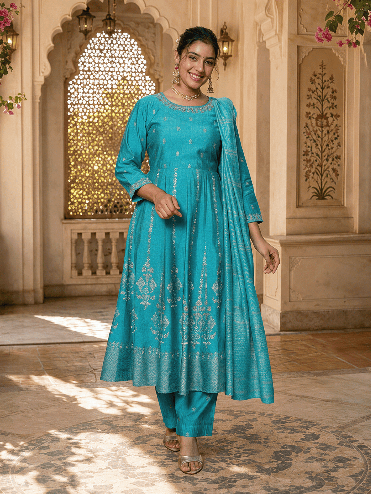 Embroidered Chanderi Gold Foil Anarkali Turquoise Kurta