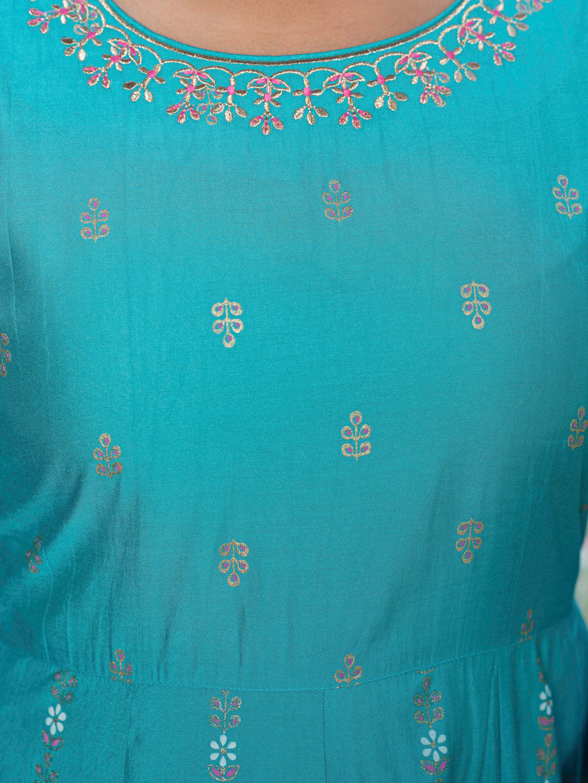 Embroidered Chanderi Gold Foil Anarkali Turquoise Kurta