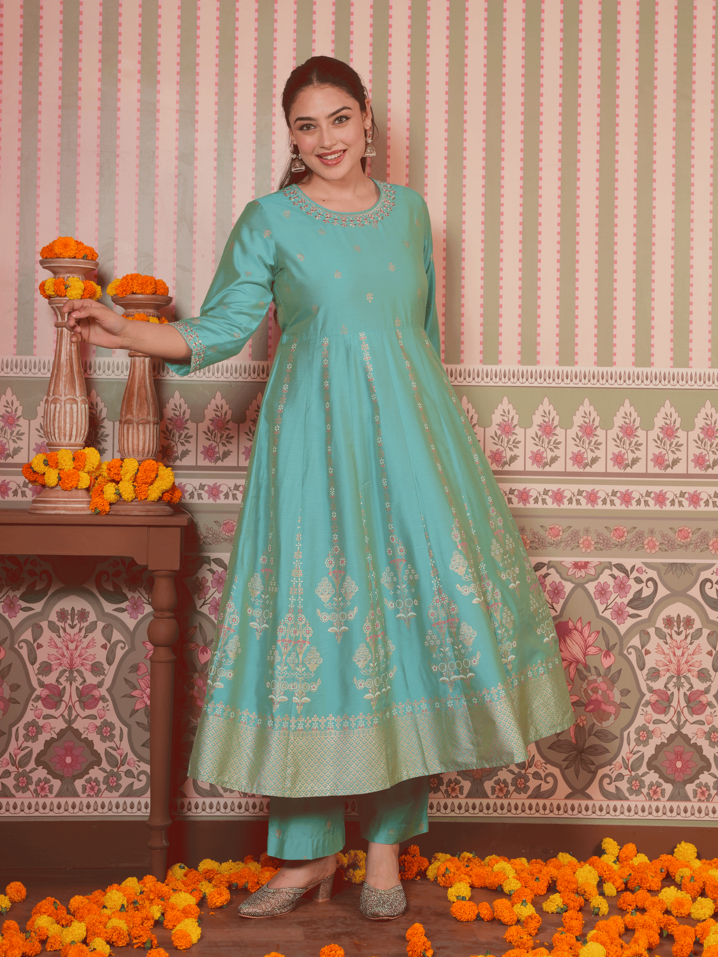 Embroidered Chanderi Gold Foil Anarkali Turquoise Kurta