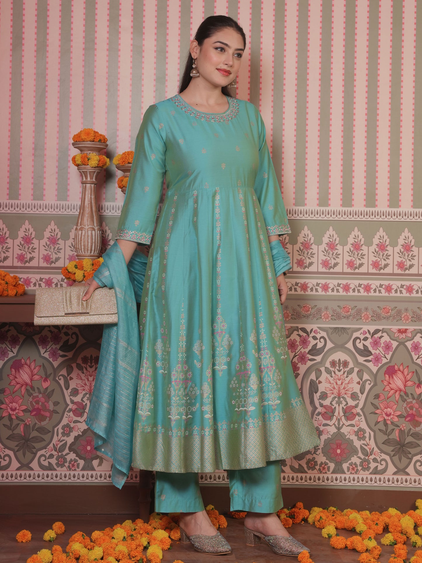 Embroidered Chanderi Gold Foil Anarkali Turquoise Kurta