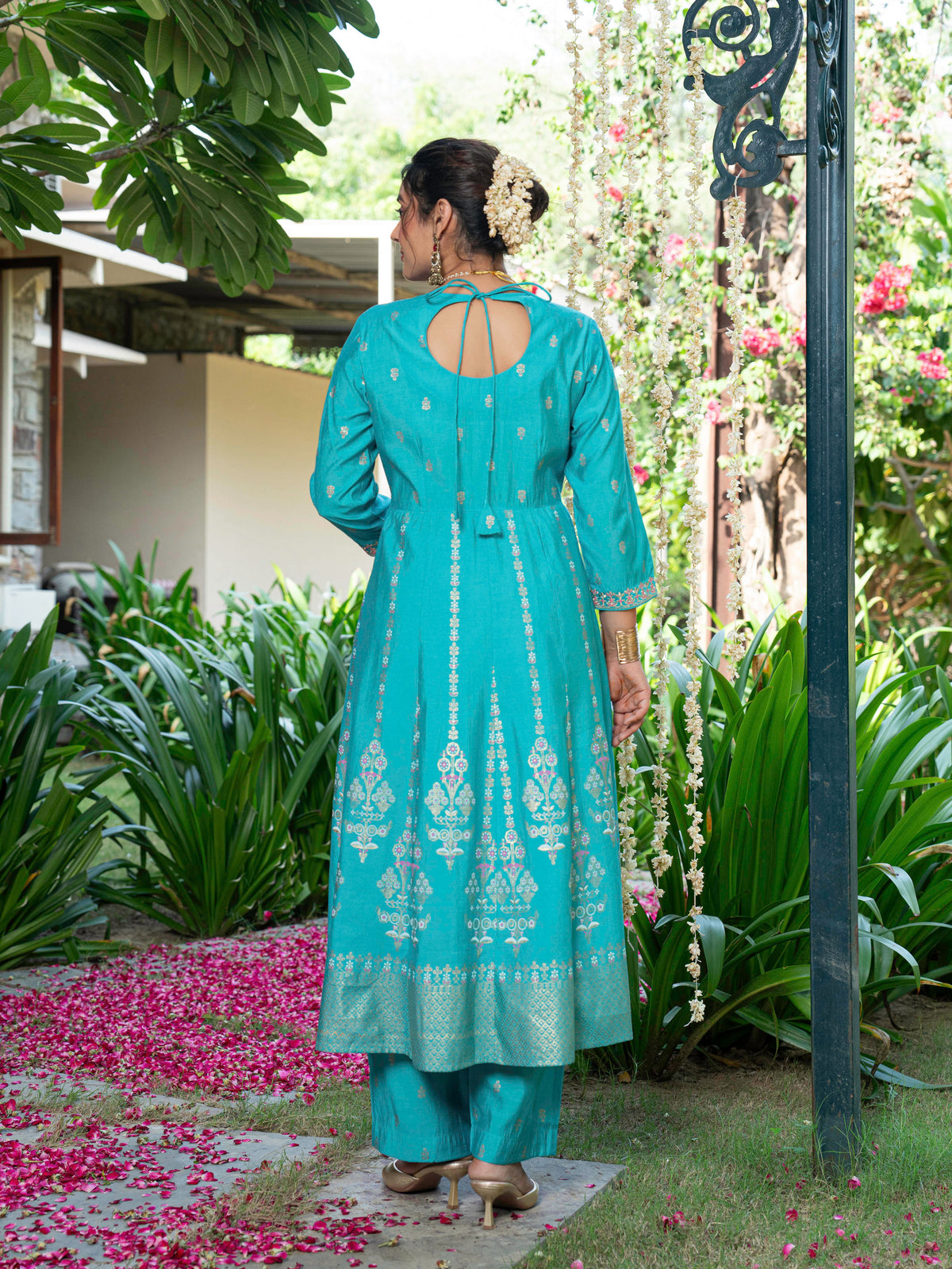Embroidered Chanderi Gold Foil Anarkali Turquoise Kurta