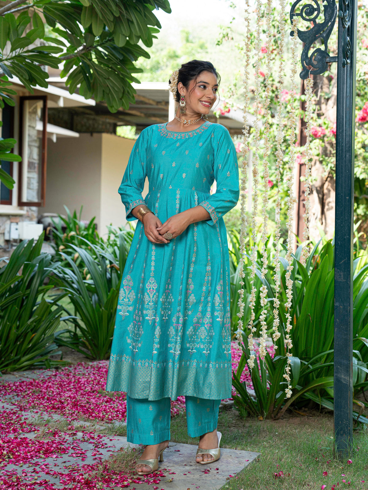 Embroidered Chanderi Gold Foil Anarkali Turquoise Kurta
