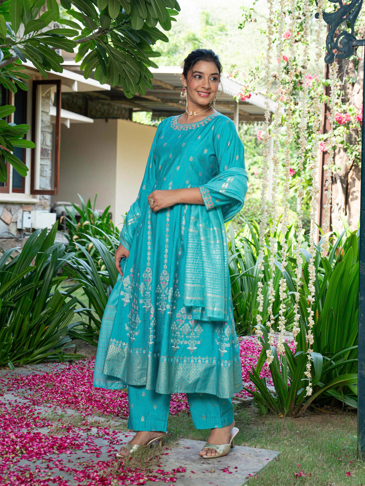 Embroidered Chanderi Gold Foil Anarkali Turquoise Kurta
