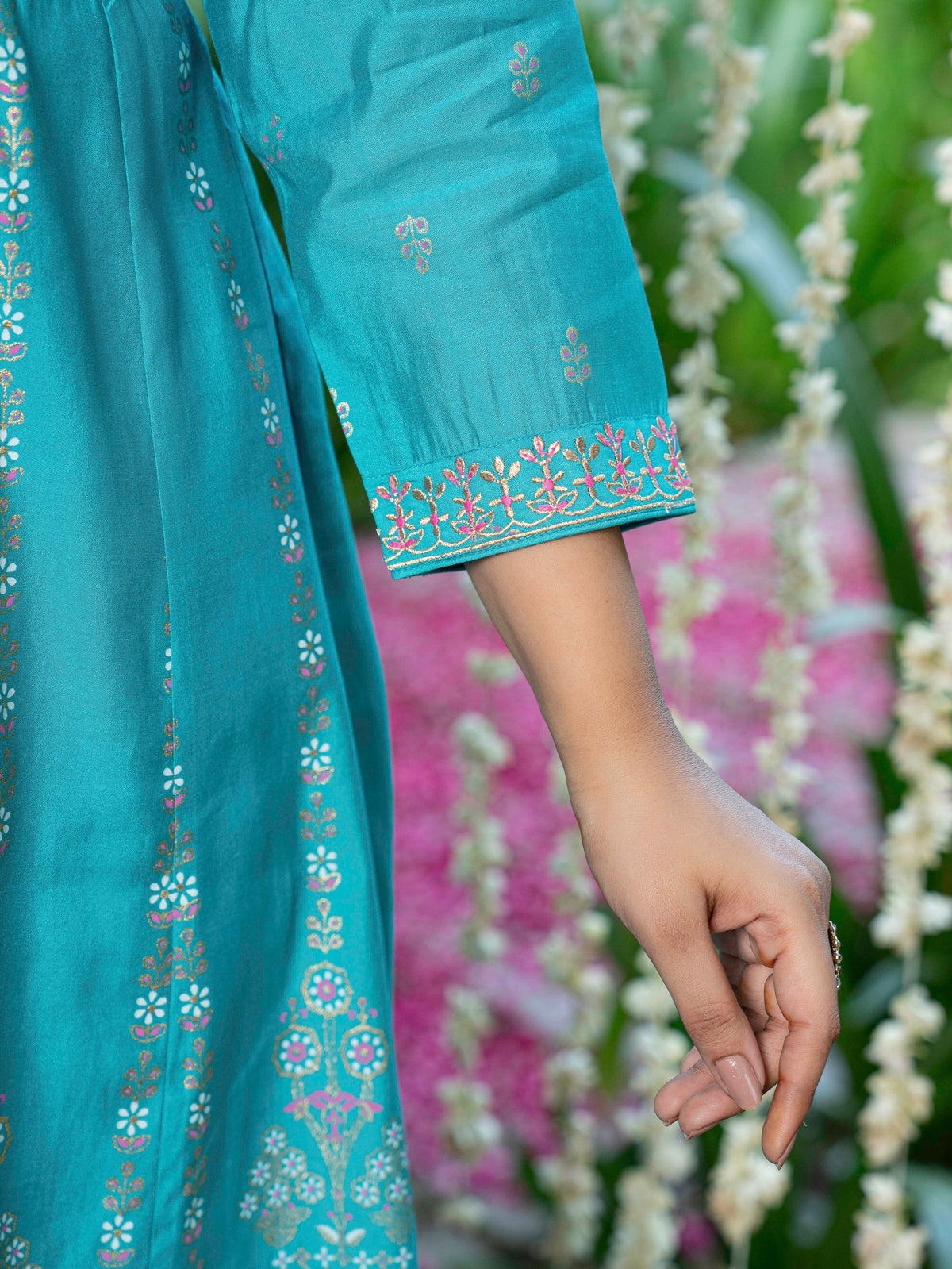 Embroidered Chanderi Gold Foil Anarkali Turquoise Kurta