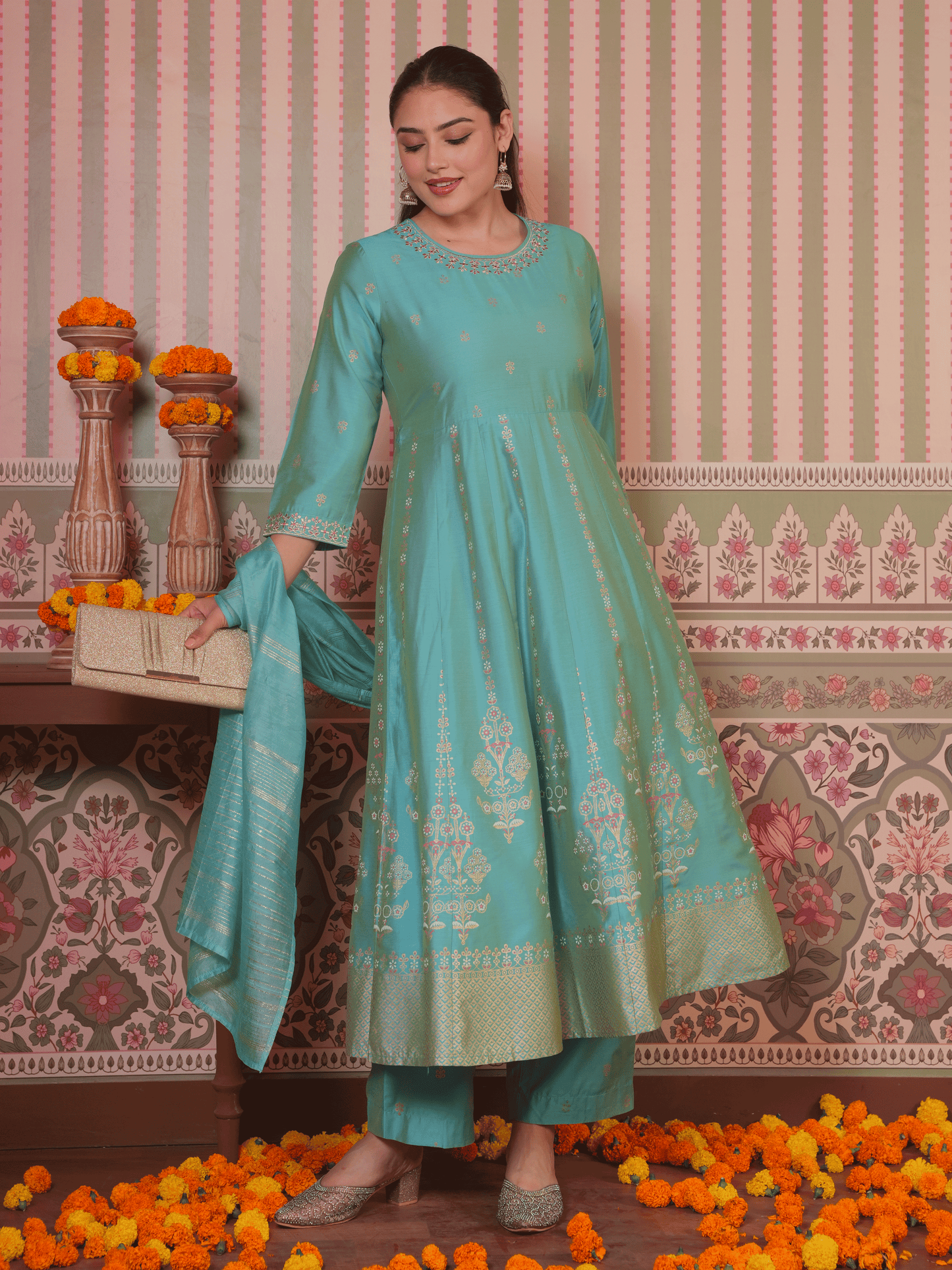 Embroidered Chanderi Gold Foil Anarkali Turquoise Kurta