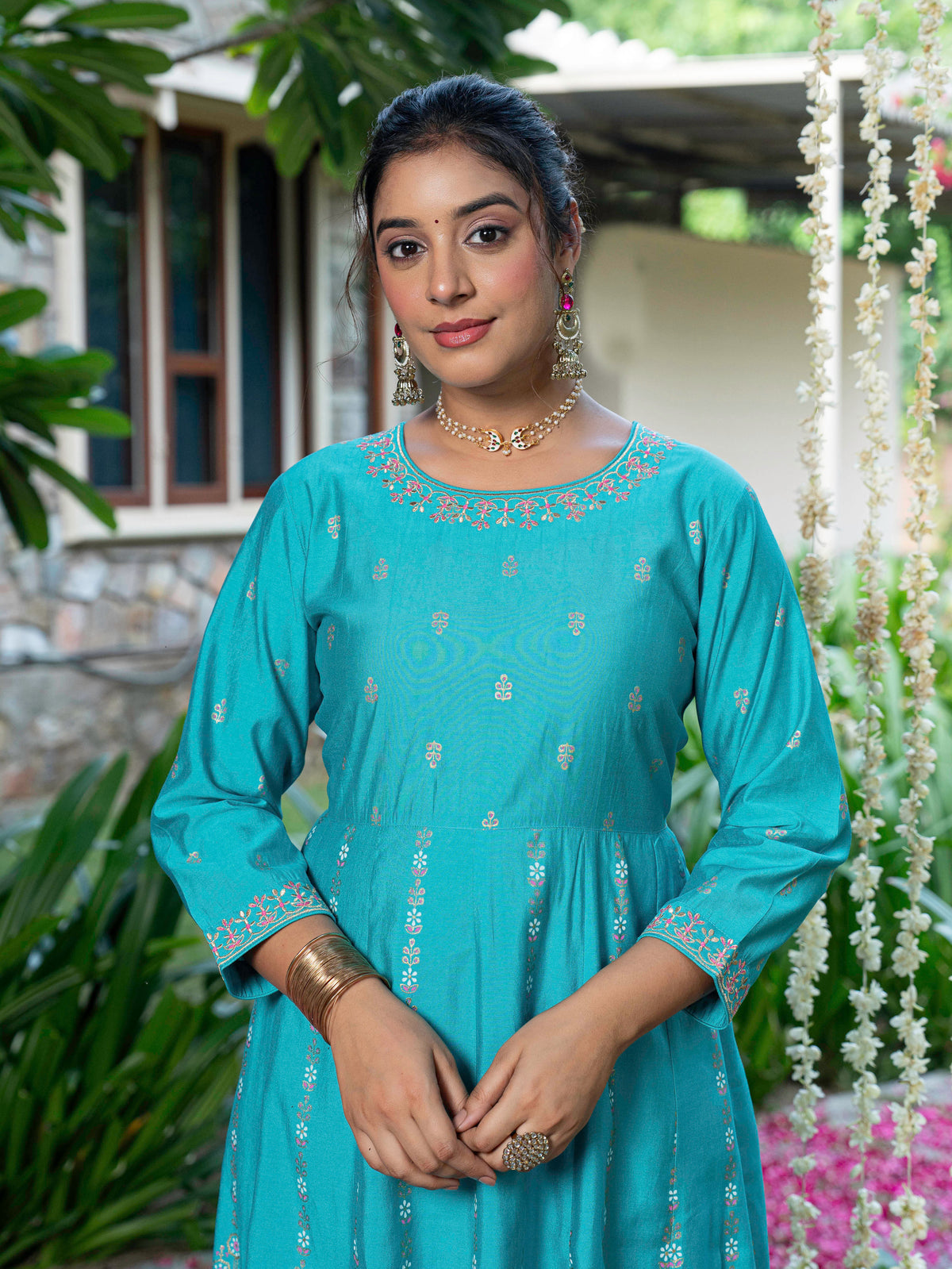 Embroidered Chanderi Gold Foil Anarkali Turquoise Kurta