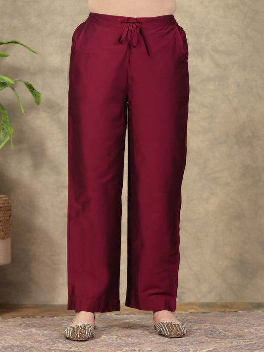 Blended Silk Solid Maroon Straight Trousers