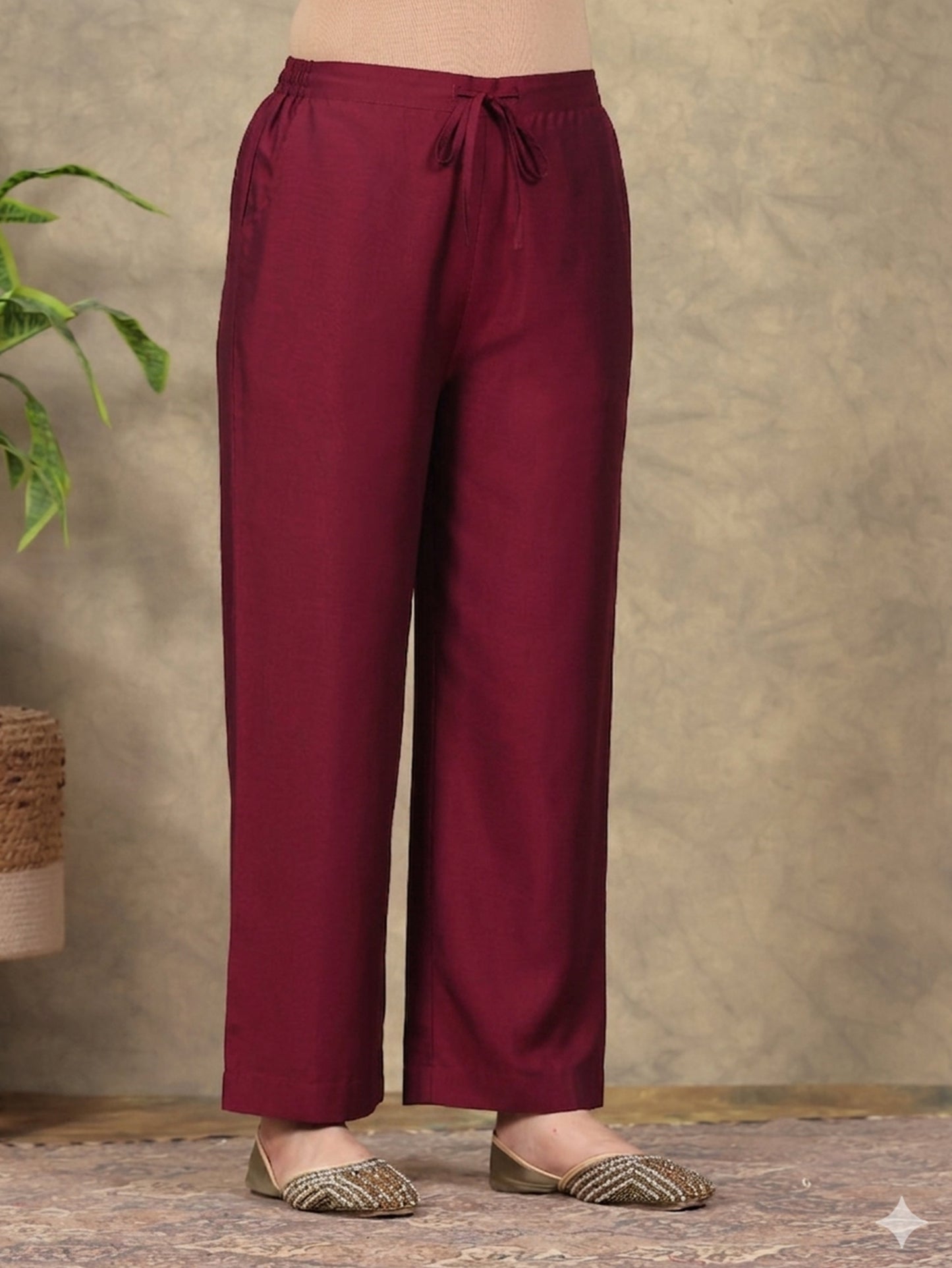 Blended Silk Solid Maroon Straight Trousers