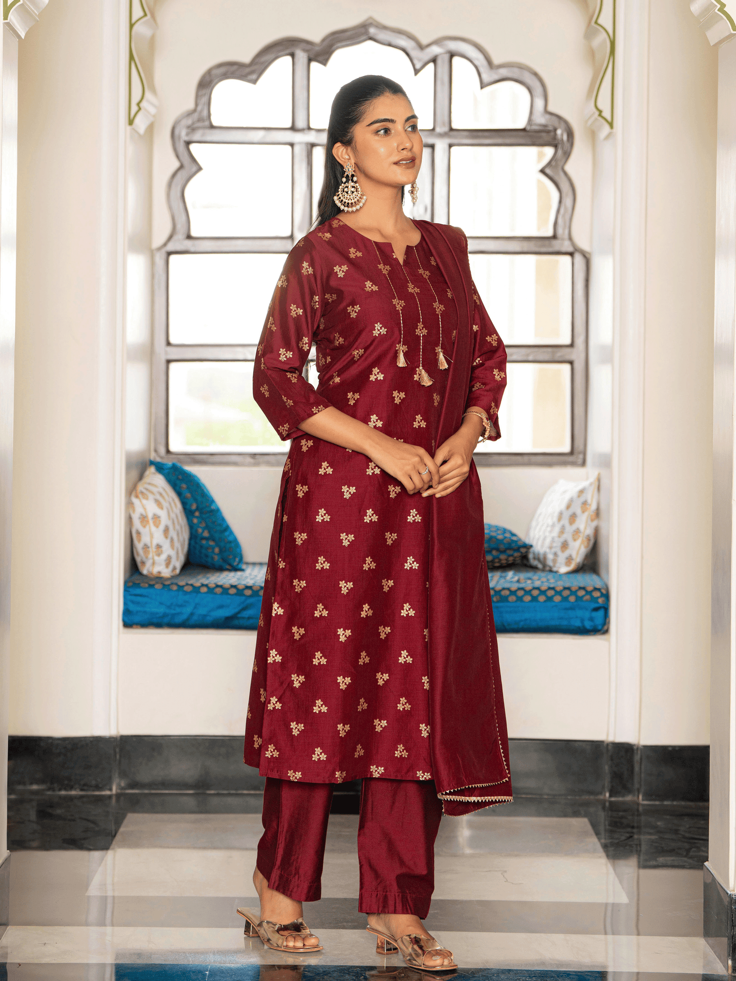 Embroidered Chanderi Gold foil Straight Maroon Kurta