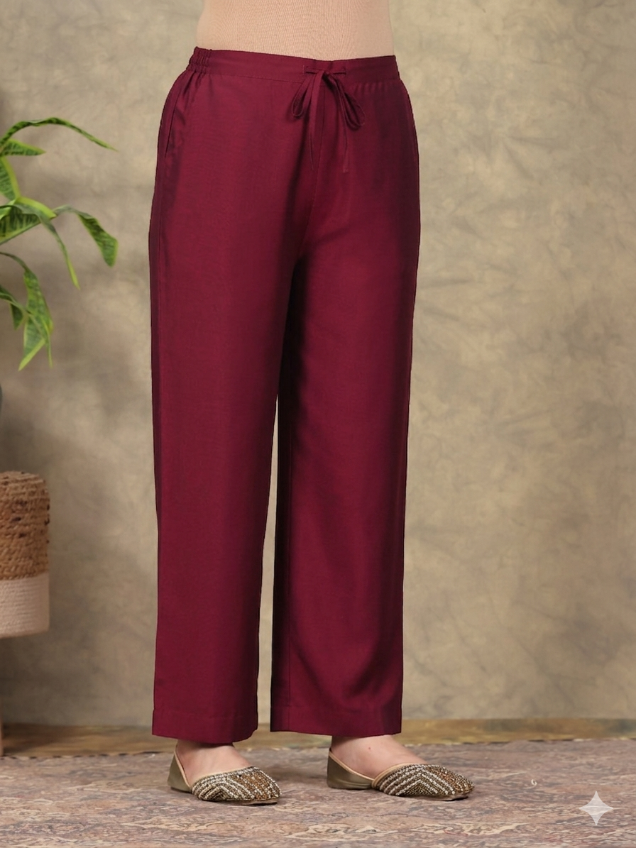 Embroidered Chanderi Gold foil Straight Maroon Kurta