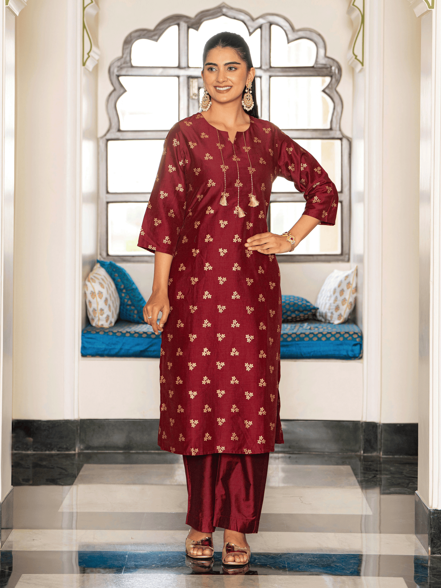 Embroidered Chanderi Gold foil Straight Maroon Kurta