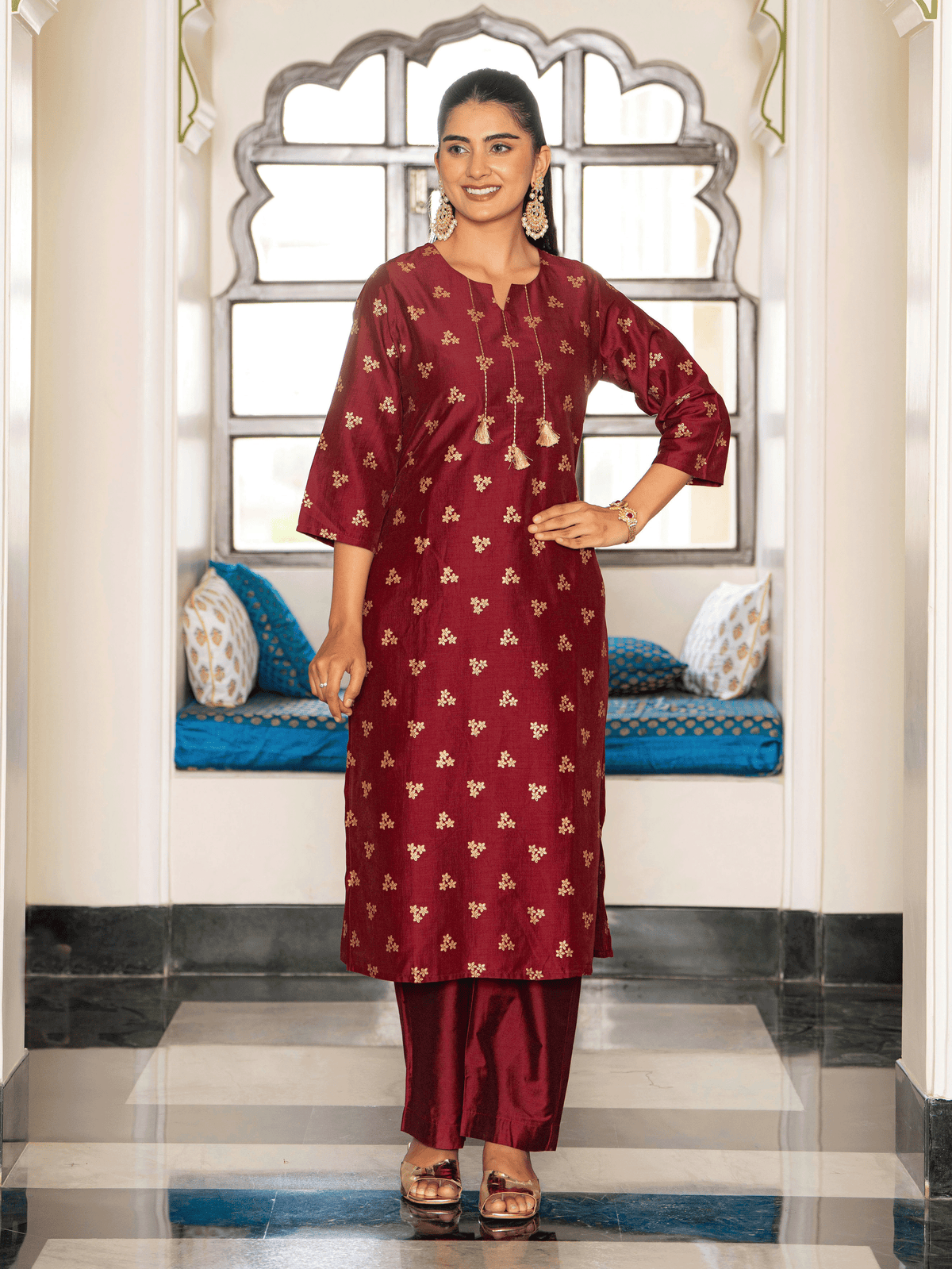 Embroidered Chanderi Gold foil Straight Maroon Kurta