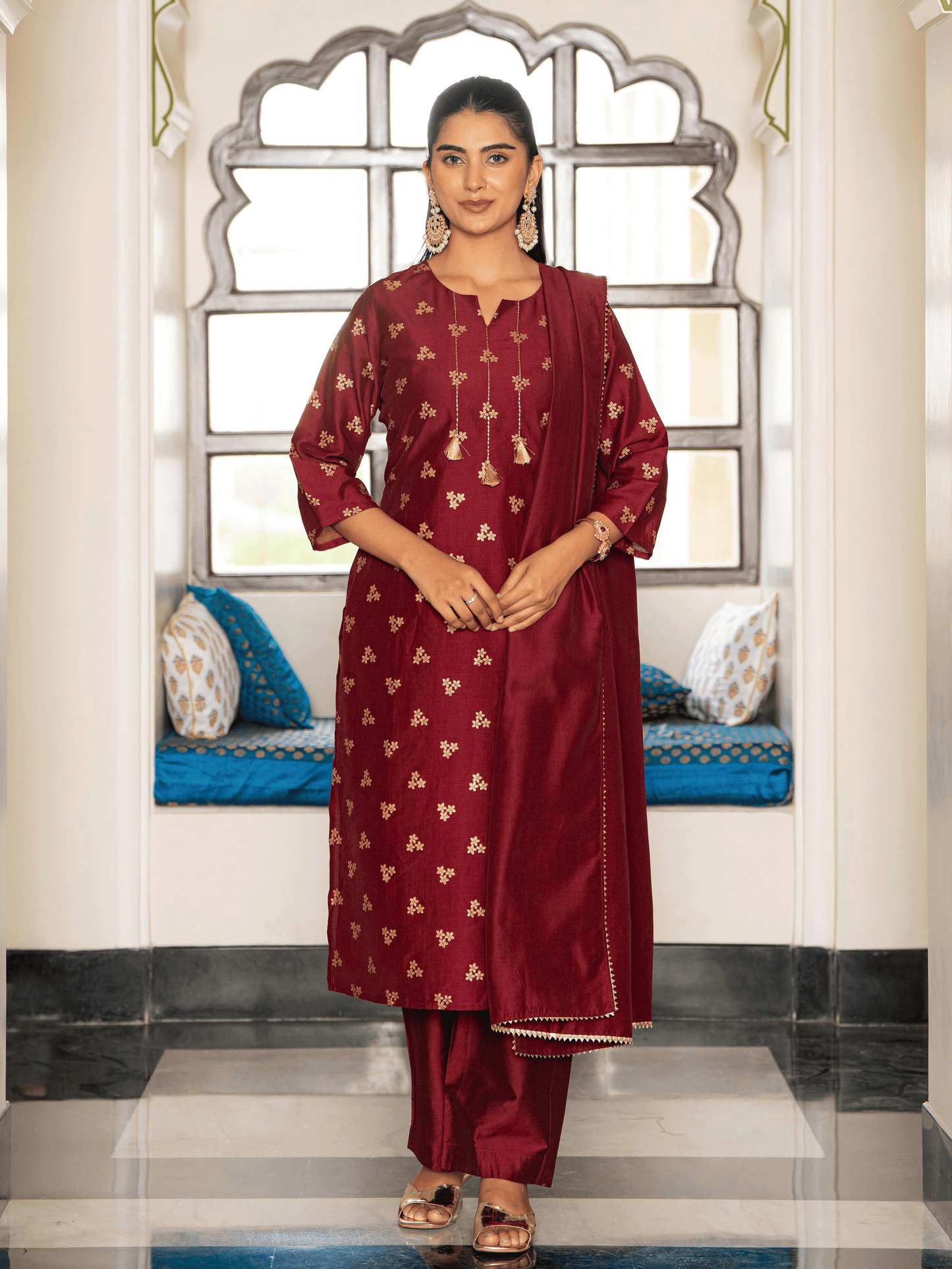 Embroidered Chanderi Gold foil Straight Maroon Kurta